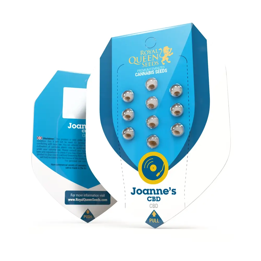 Joannes Verpackung Blaue Royal Queen Seeds Verpackung Joannes CBD mit Samen im Blister