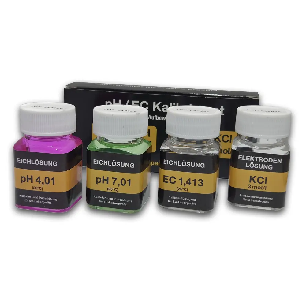 pH/EC Kalibrierset – 4 × 50 ml (pH 4,01 / pH 7,01 / EC 1,413 / KCl 3 mol/l) pH/EC Kalibrierset – 4 × 50 ml (pH 4,01 / pH 7,01 / EC 1,413 / KCl 3 mol/l)