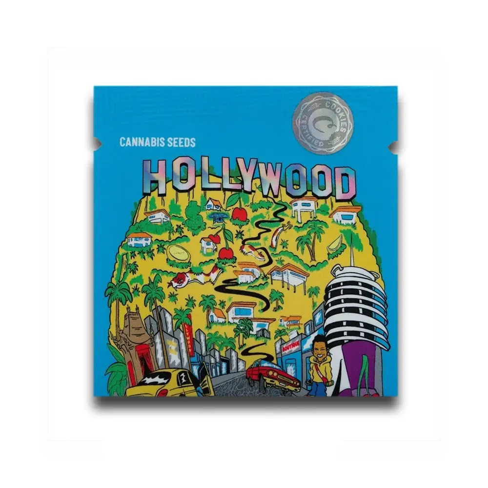 GMO x Hollywood Artwork Cookies Verpackungsseite mit farbigem Hollywood-Motiv