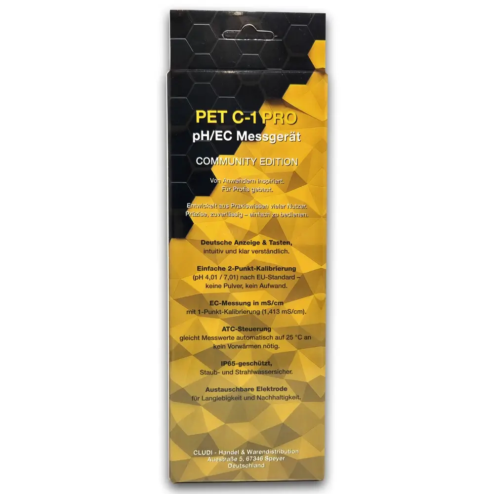 PET-C1 PRO Verpackung Rückseite PET-C1 PRO pH/EC Messgerät Community Edition in Faltschachtel, Rückseite