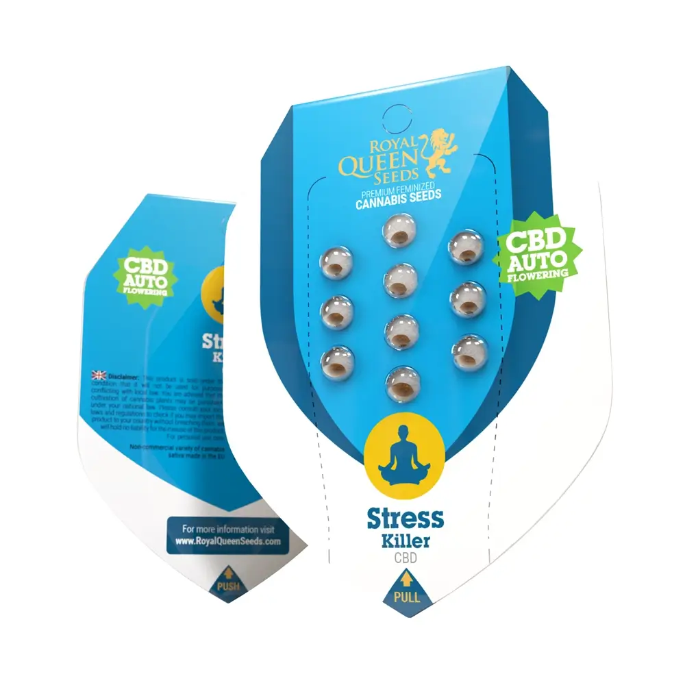 Stress Killer Automatic Verpackung Blaue Royal Queen Seeds Verpackung Stress Killer Automatic CBD mit Samen im Blister