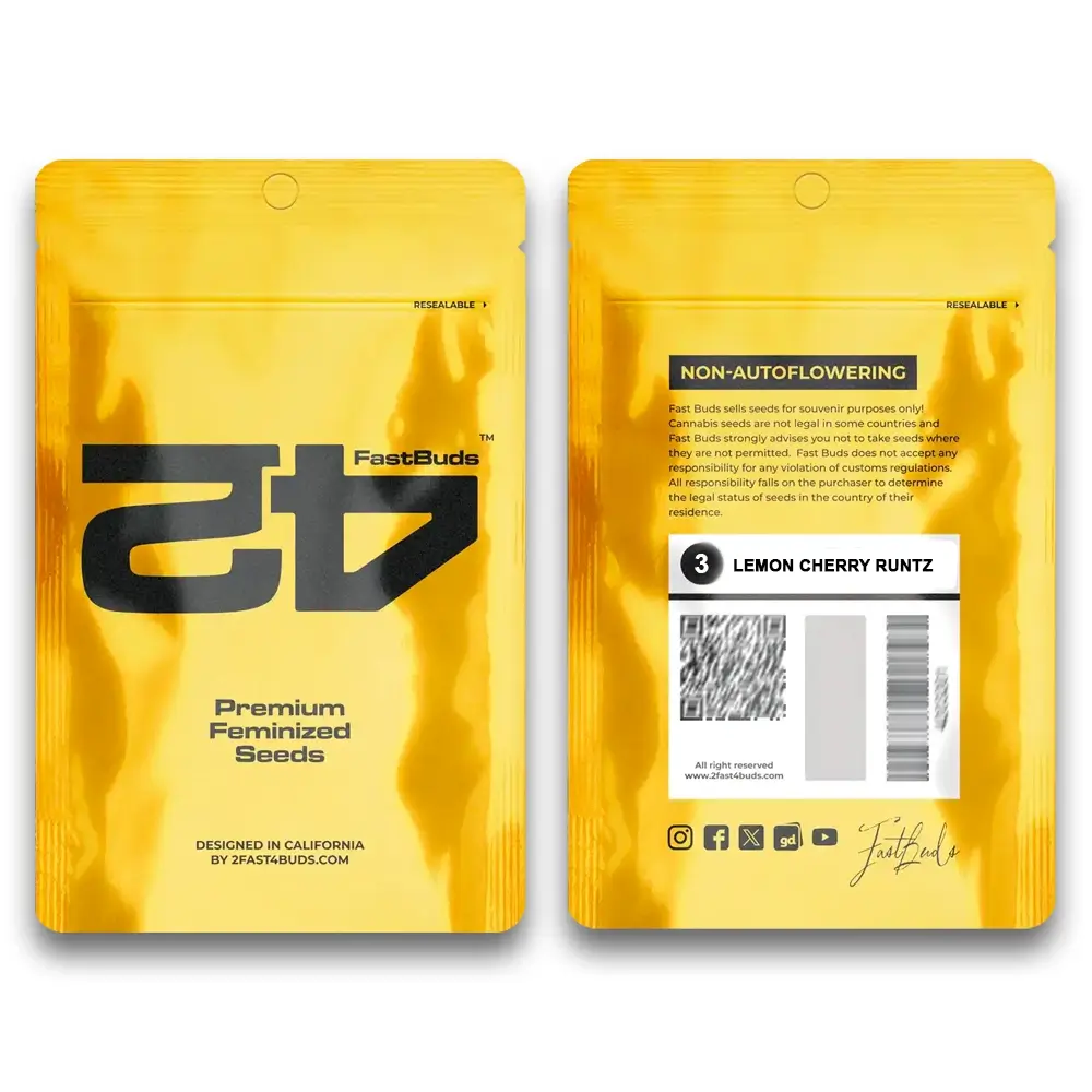 Lemon Cherry Runtz Verpackung Gelbe Fast Buds Verpackung Lemon Cherry Runtz, Vorder- und Rückseite