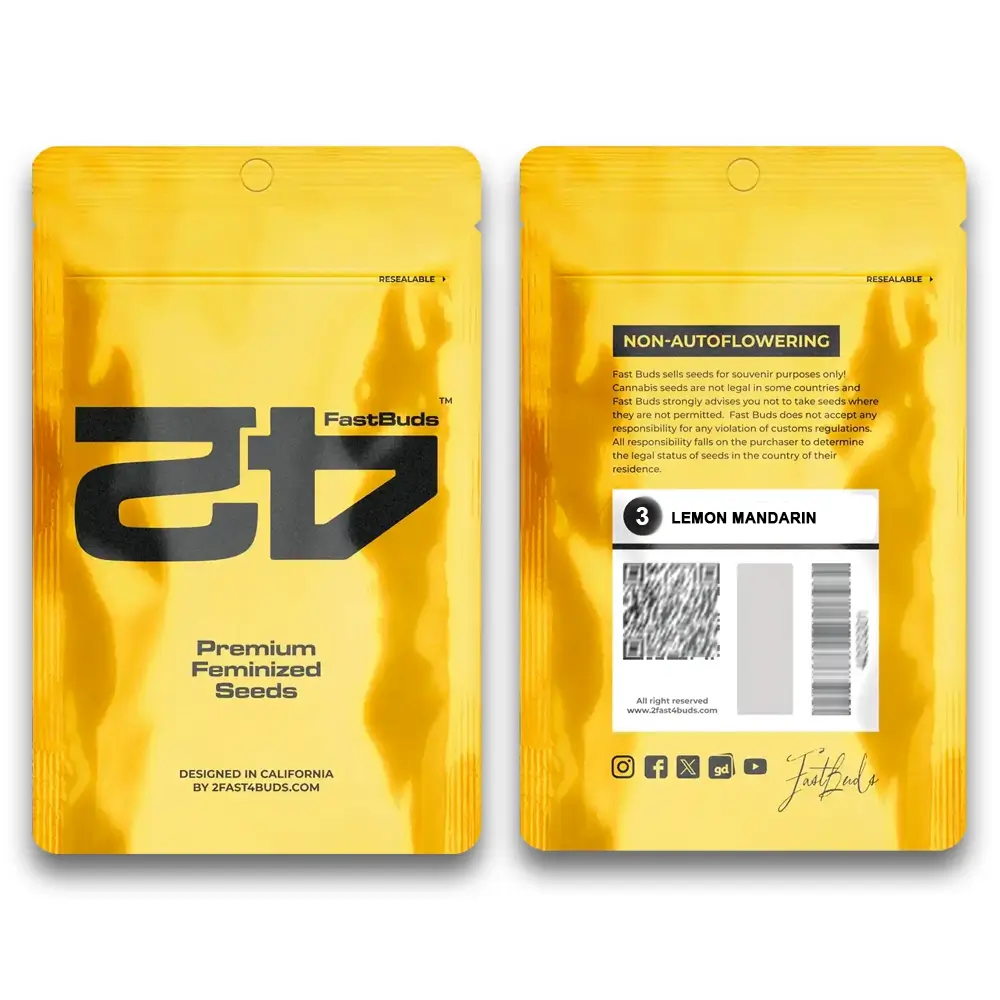 Lemon Mandarin Verpackung Gelbe Fast Buds Verpackung Lemon Mandarin, Vorder- und Rückseite