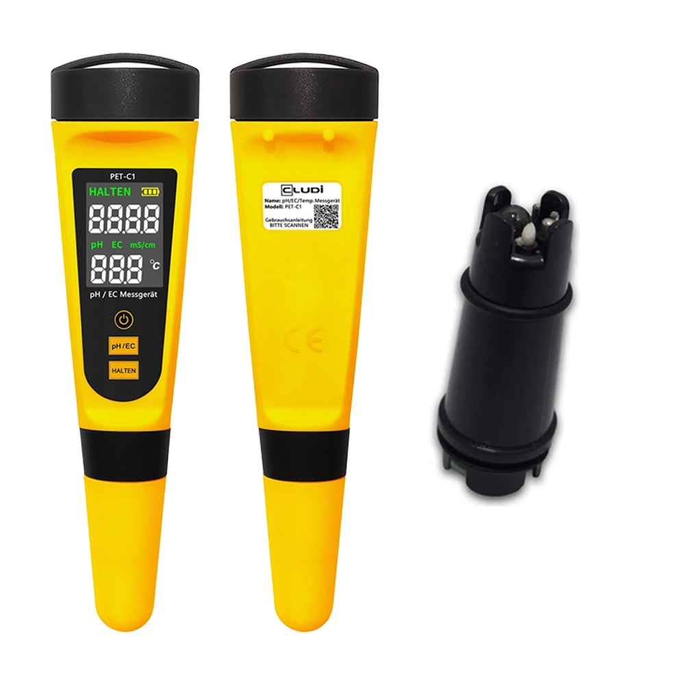 PET-C1 PRO Vorsorge-Set PET-C1 PRO Messgerät in zwei Ansichten mit schwarzer Ersatzelektrode