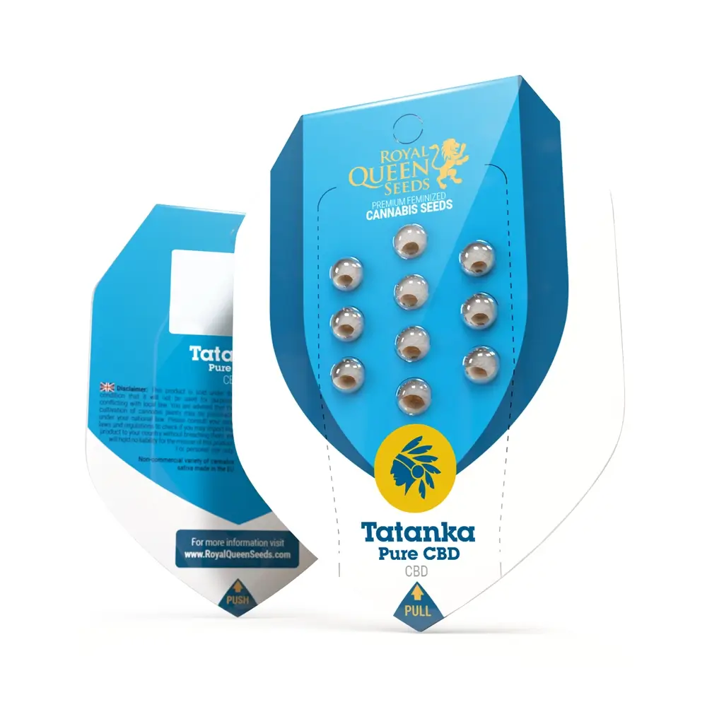 Tatanka Pure CBD Verpackung Blaue Royal Queen Seeds Verpackung Tatanka Pure CBD mit Samen im Blister