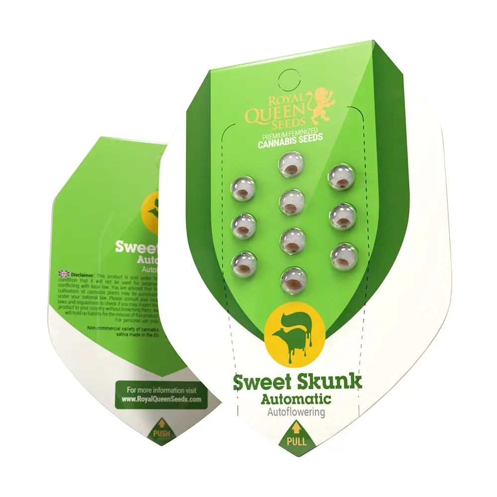Sweet Skunk Auto Verpackung Grüne Royal Queen Seeds Verpackung Sweet Skunk Automatic mit Samen im Blister