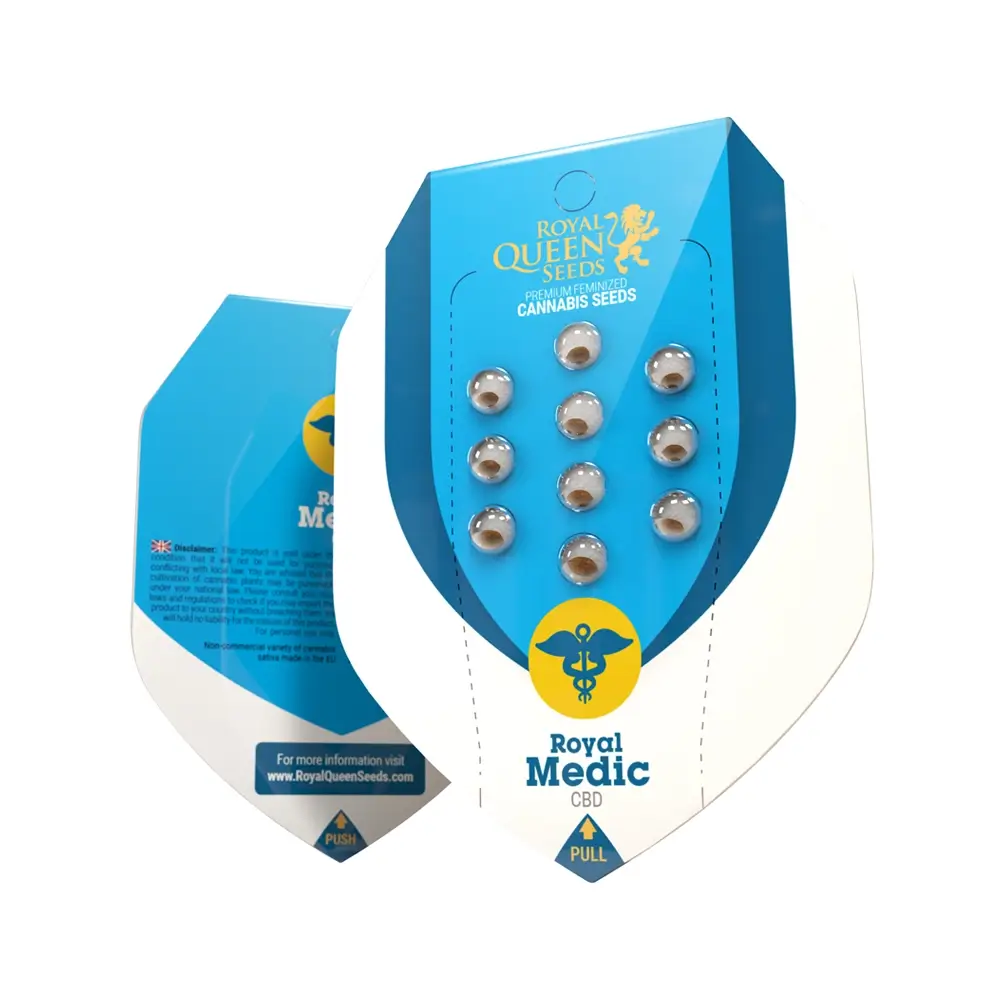 Royal Medic Verpackung Blaue Royal Queen Seeds Verpackung Royal Medic mit Samen im Blister