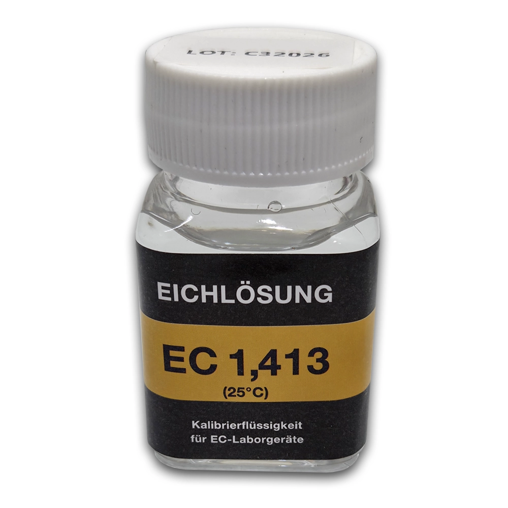 Eichlösung EC 1,413 Fläschchen Fläschchen mit Eichlösung EC 1,413 und schwarz-goldenem Etikett