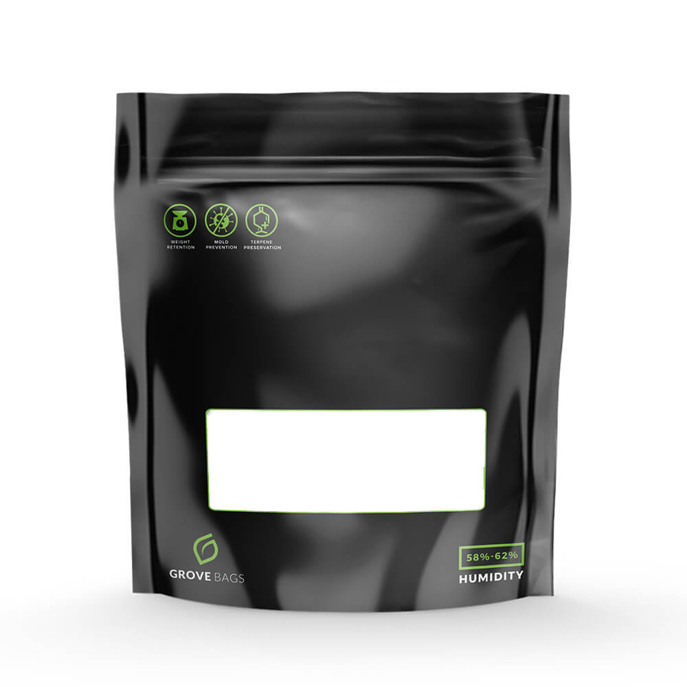 Grove Bags TerpLoc 250 g Vorderseite Schwarzer Grove Bags TerpLoc Beutel für 250 Gramm mit Etikettenfeld