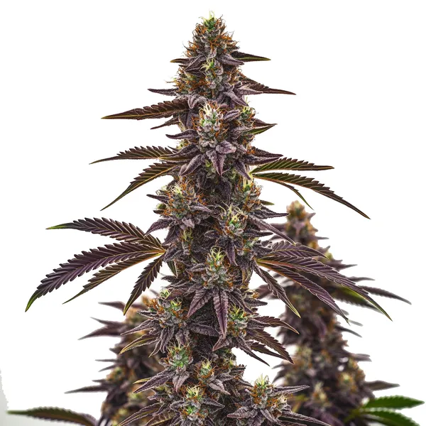Cherry Pie Autoflower Pflanze Freigestellte Cherry Pie Autoflower Pflanze mit dunklen Blättern