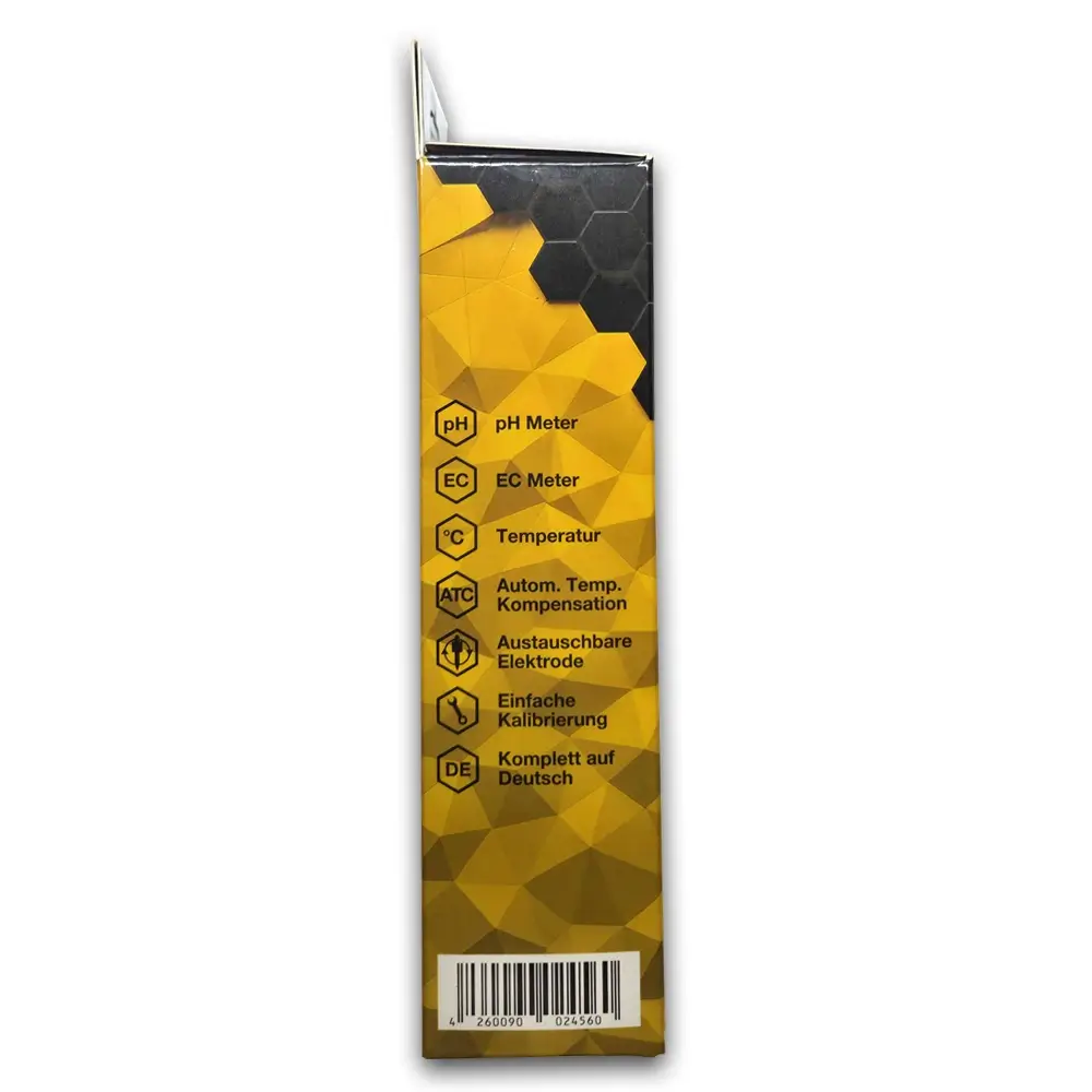 PET-C1 PRO Verpackung Seitenansicht links Linke Seitenfläche der PET-C1 PRO Faltschachtel mit Piktogrammen und Barcode