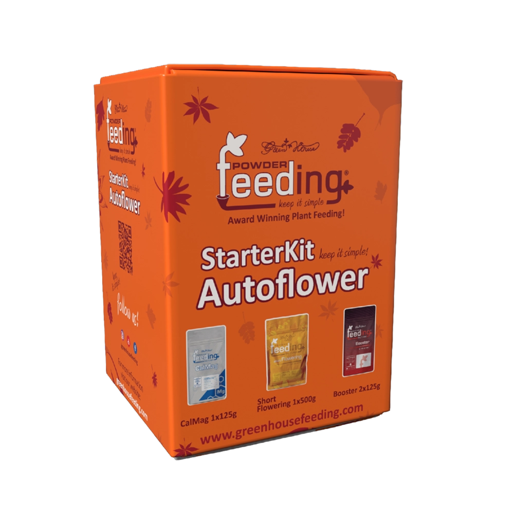 Green House Feeding Powder Starterkit Autoflower Orangefarbener Karton Green House Feeding Powder StarterKit Autoflower, Frontansicht