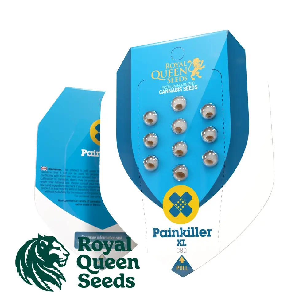 Painkiller XL Verpackung Blaue Royal Queen Seeds Verpackung Painkiller XL mit Samen im Blister