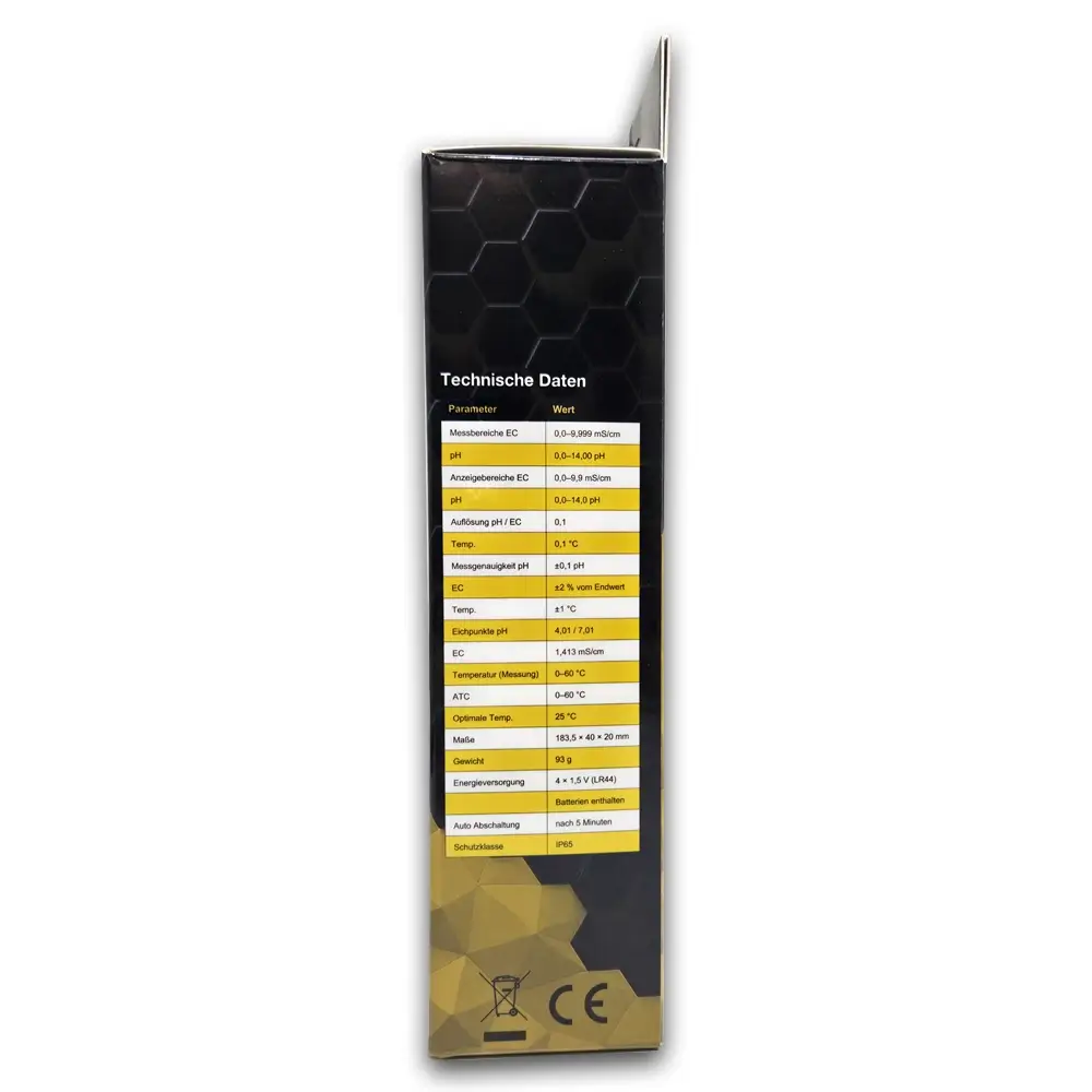 PET-C1 PRO Verpackung Seitenansicht rechts Rechte Seitenansicht der PET-C1 PRO Faltschachtel mit Tabelle zu den technischen Daten