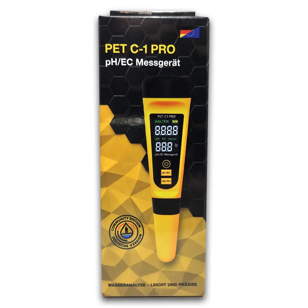 PET-C1 PRO Verpackung mit Messgerät Faltschachtel des PET-C1 PRO pH/EC Messgeräts mit aufgedrucktem Messgerät